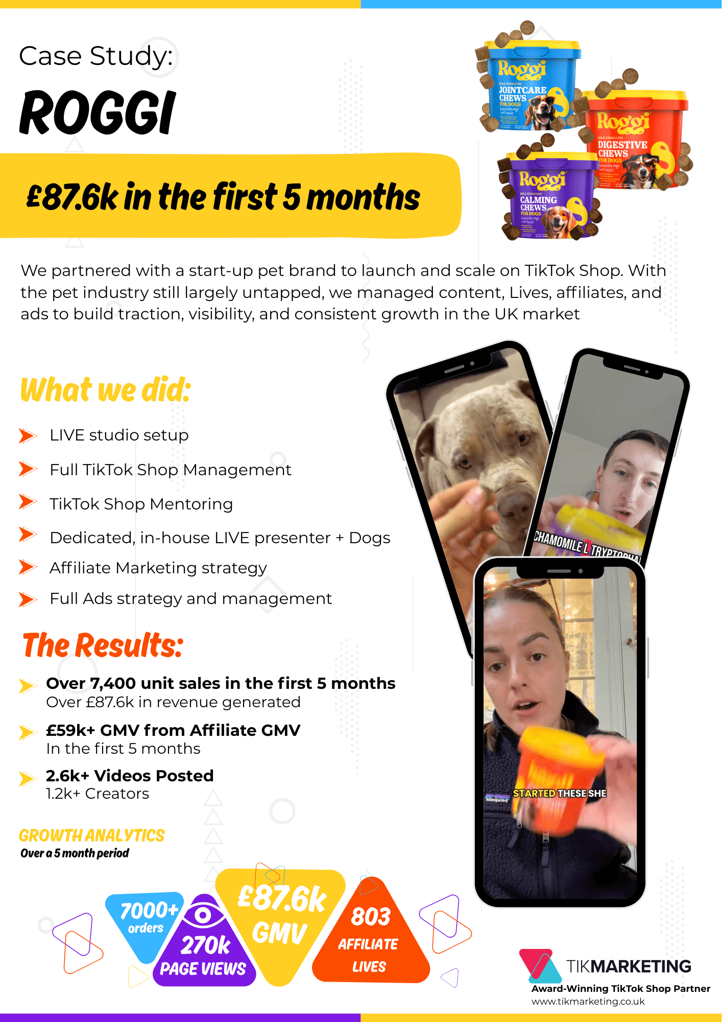 Roggi pet brand TikTok Shop case study infographic